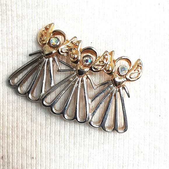 Threee Angles Brooch Open Work Gold And Silver Tones Hearts And AB Rhinestones - Picture 2 of 8